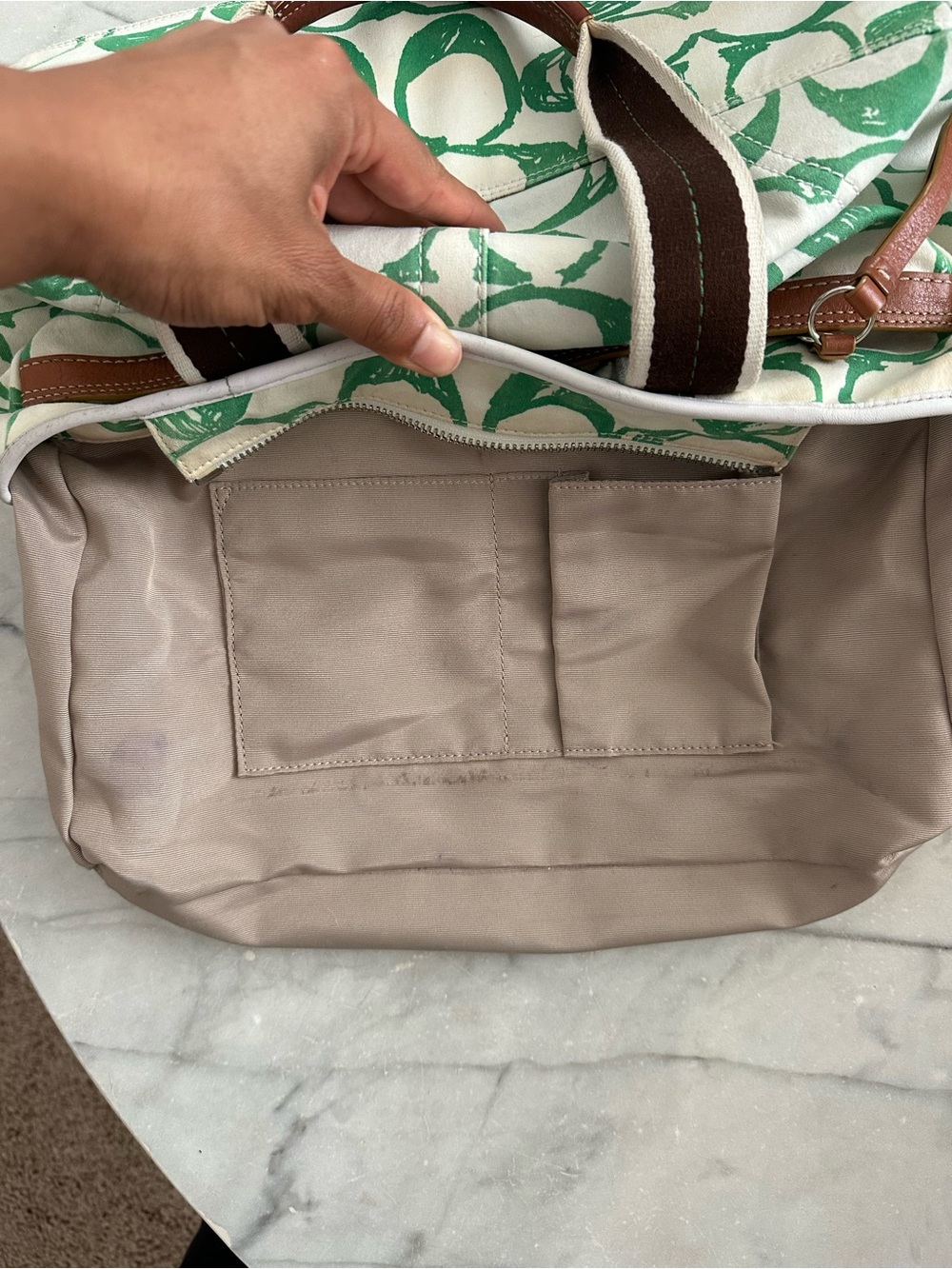 Coach Canvas Tote Bag with Green Print and Brown Leather Trim - Picture 9 of 9